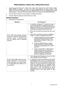 Yalding Representations to Session 10A 2