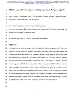 Nfkbid Is Required for Immunity and Antibody Responses to Toxoplasma Gondii