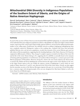 Mitochondrial DNA Diversity in Indigenous Populations of the Southern Extent of Siberia, and the Origins of Native American Haplogroups