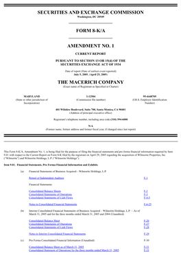Securities and Exchange Commission Form 8-K/A Amendment No. 1 the Macerich Company