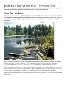 Building a Beaver Deceiver - Peterson Pond This Narrative Presents an Example of an Engineered Solution to Living with Beavers in King County
