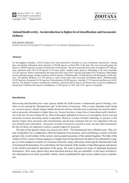 Animal Biodiversity: an Introduction to Higher-Level Classification and Taxonomic Richness