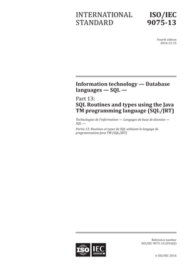 SQL — Part 13: SQL Routines and Types Using the Java TM Programming Language (SQL/JRT)