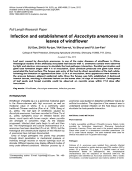 Infection and Establishment of Ascochyta Anemones in Leaves of Windflower