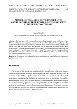 METHODS of PROMOTING POST-INDUSTRIAL SITES on the EXAMPLE of the INDUSTRIAL MONUMENTS ROUTE in the SILESIAN VOIVODESHIP Introd