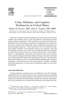 Coma, Delirium, and Cognitive Dysfunction in Critical Illness Robert D