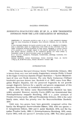 Borogovia Gracilicrus Gen. Et Sp. N., a New Troodontid Dinosaur from the Late Cretaceous of Mongolia