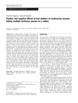 Positive and Negative Effects of Leaf Shelters on Herbivorous Insects: Linking Multiple Herbivore Species on a Willow