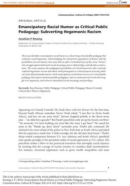 Emancipatory Racial Humor As Critical Public Pedagogy: Subverting Hegemonic Racism