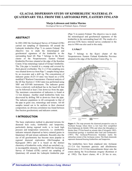 Glacial Dispersion Study of Kimberlitic Material in Quaternary Till from the Lahtojoki Pipe, Eastern Finland