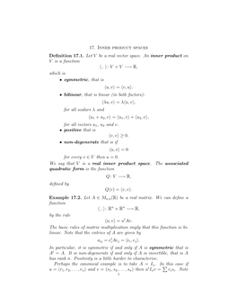 17. Inner Product Spaces Definition 17.1. Let V Be a Real Vector Space