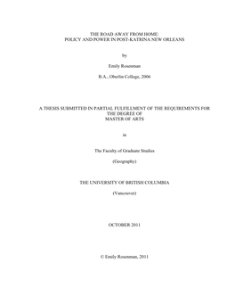 POLICY and POWER in POST-KATRINA NEW ORLEANS by Emily Rosenman BA, Oberlin College, 2006 a THESIS