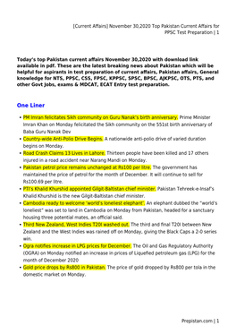 [Current Affairs] November 30,2020 Top Pakistan