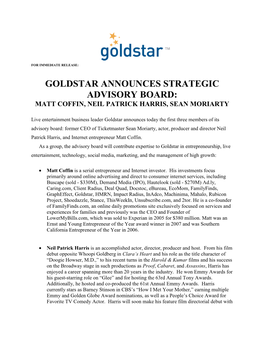 Goldstar Announces Strategic Advisory Board: Matt Coffin, Neil Patrick Harris, Sean Moriarty