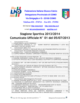 Stagione Sportiva 2013/2014 Comunicato Ufficiale N° 01