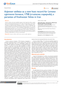 Acipenser Stellatus As a New Host Record for Lernaea Cyprinacea Linnaeus, 1758 (Crustacea; Copepoda), a Parasites of Freshwater Fishes in Iran