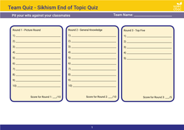 Sikhism End of Topic Quiz Pit Your Wits Against Your Classmates Team Name: ______