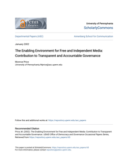 The Enabling Environment for Free and Independent Media: Contribution to Transparent and Accountable Governance