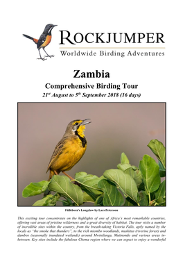 Zambia Comprehensive Birding Tour 21St August to 5Th September 2018 (16 Days)