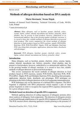 Methods of Allergen Detection Based on DNA Analysis