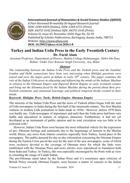 Turkey and Indian Urdu Press in the Early Twentieth Century Dr