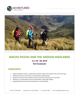 Machu Picchu and the Andean Highlands July 20 - 28, 2019 Trip Summary