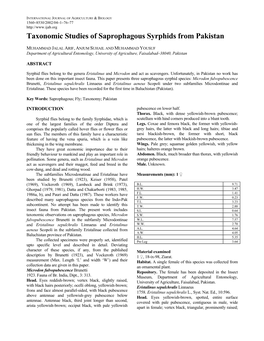 Taxonomic Studies of Saprophagous Syrphids from Pakistan