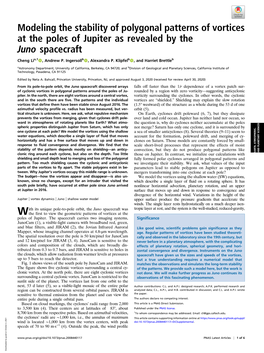 Modeling the Stability of Polygonal Patterns of Vortices at the Poles of Jupiter As Revealed by the Juno Spacecraft