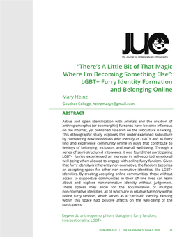 LGBT+ Furry Identity Formation and Belonging Online Mary Heinz Goucher College, Heinzmarye@Gmail.Com