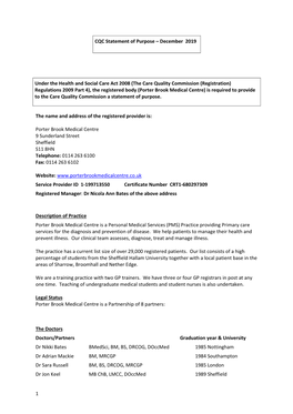 1 CQC Statement of Purpose – December 2019 Under the Health and Social Care Act 2008 (The Care Quality Commission (Registrati