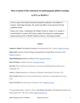 Does It Matter If the Consensus on Anthropogenic Global Warming Is 97% Or 99.99%? Bulletin of Science, Technology & Society