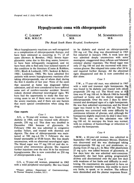 Hypoglycaemic Coma with Chlorpropamide C