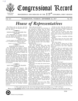 Congressional Record United States Th of America PROCEEDINGS and DEBATES of the 115 CONGRESS, FIRST SESSION