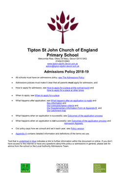 Tipton St John Church of England Primary School Faith Supplementary Information Form 2018-19