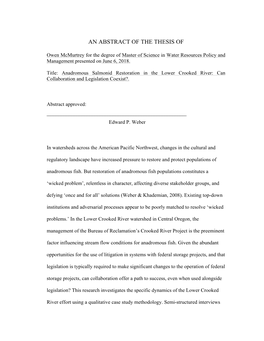 Anadromous Salmonid Restoration in the Lower Crooked River: Can Collaboration and Legislation Coexist?