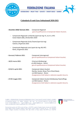 Calendario Eventi Gare Istituzionali 2020-2021