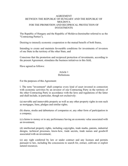 Agreement Between the Republic of Hungary and the Republic of Moldova for the Promotion and Reciprocal Protection of Investments