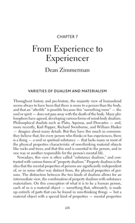 From Experience to Experiencer Dean Zimmerman