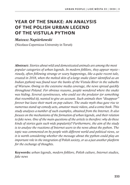 AN ANALYSIS of the POLISH URBAN LEGEND of the VISTULA PYTHON Mateusz Napiórkowski (Nicolaus Copernicus University in Toruń)