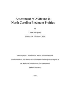 Assessment of Avifauna in North Carolina Piedmont Prairies