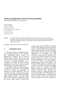 Numerical Applications and Sub-Word Parallelism: the NAS Benchmarks on a Pentium 4