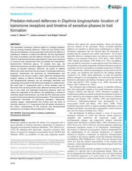 Predator-Induced Defences in Daphnia Longicephala: Location of Kairomone Receptors and Timeline of Sensitive Phases to Trait Formation Linda C