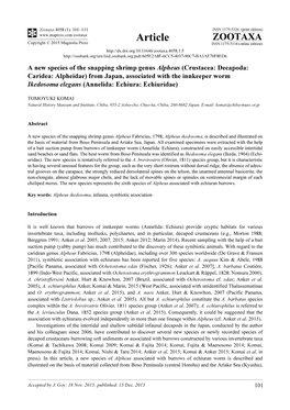 Crustacea: Decapoda: Caridea: Alpheidae) from Japan, Associated with the Innkeeper Worm Ikedosoma Elegans (Annelida: Echiura: Echiuridae)