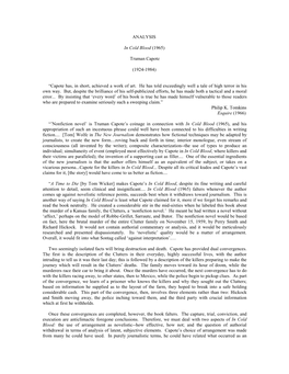 ANALYSIS in Cold Blood (1965) Truman Capote (1924-1984) “Capote Has, in Short, Achieved a Work of Art. He Has Told Exceedingl