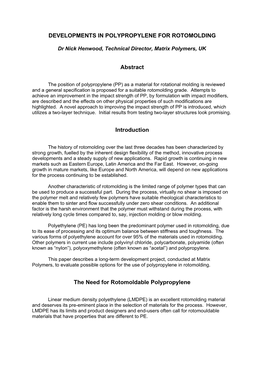 Developments in Polypropylene for Rotomolding