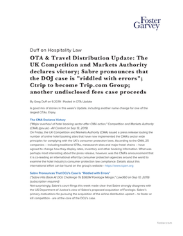 OTA & Travel Distribution Update: the UK Competition and Markets Authority Declares Victory; Sabre Pronounces That the DOJ C