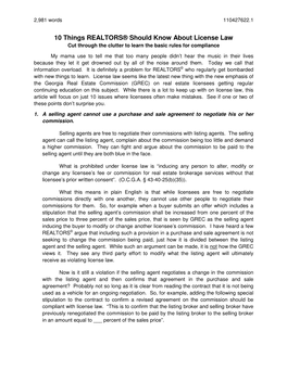 10 Things REALTORS® Should Know About License Law Cut Through the Clutter to Learn the Basic Rules for Compliance