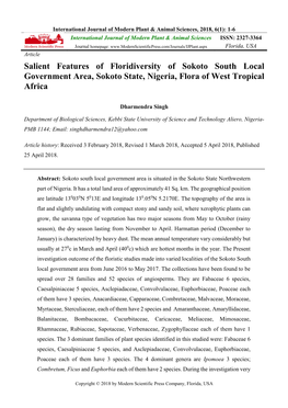 Salient Features of Floridiversity of Sokoto South Local Government Area, Sokoto State, Nigeria, Flora of West Tropical Africa