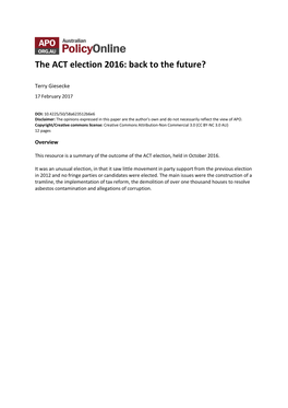 The ACT Election 2016: Back to the Future?