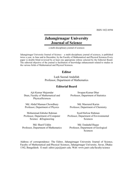 Jahangirnagar University Journal of Science a Multi-Disciplinary Journal of Sciences